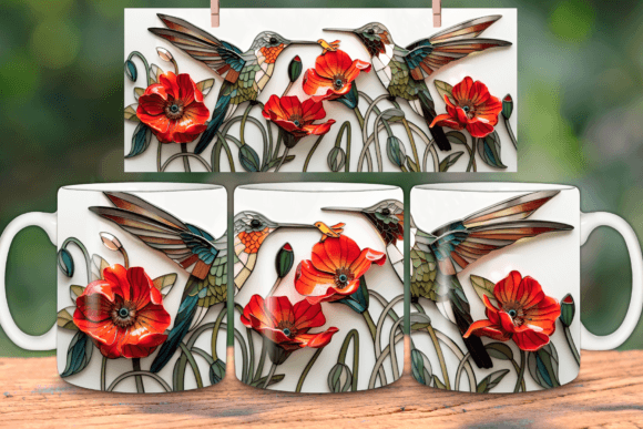 3D Hummingbirds and Poppies Mug Wrap for Creative Projects
